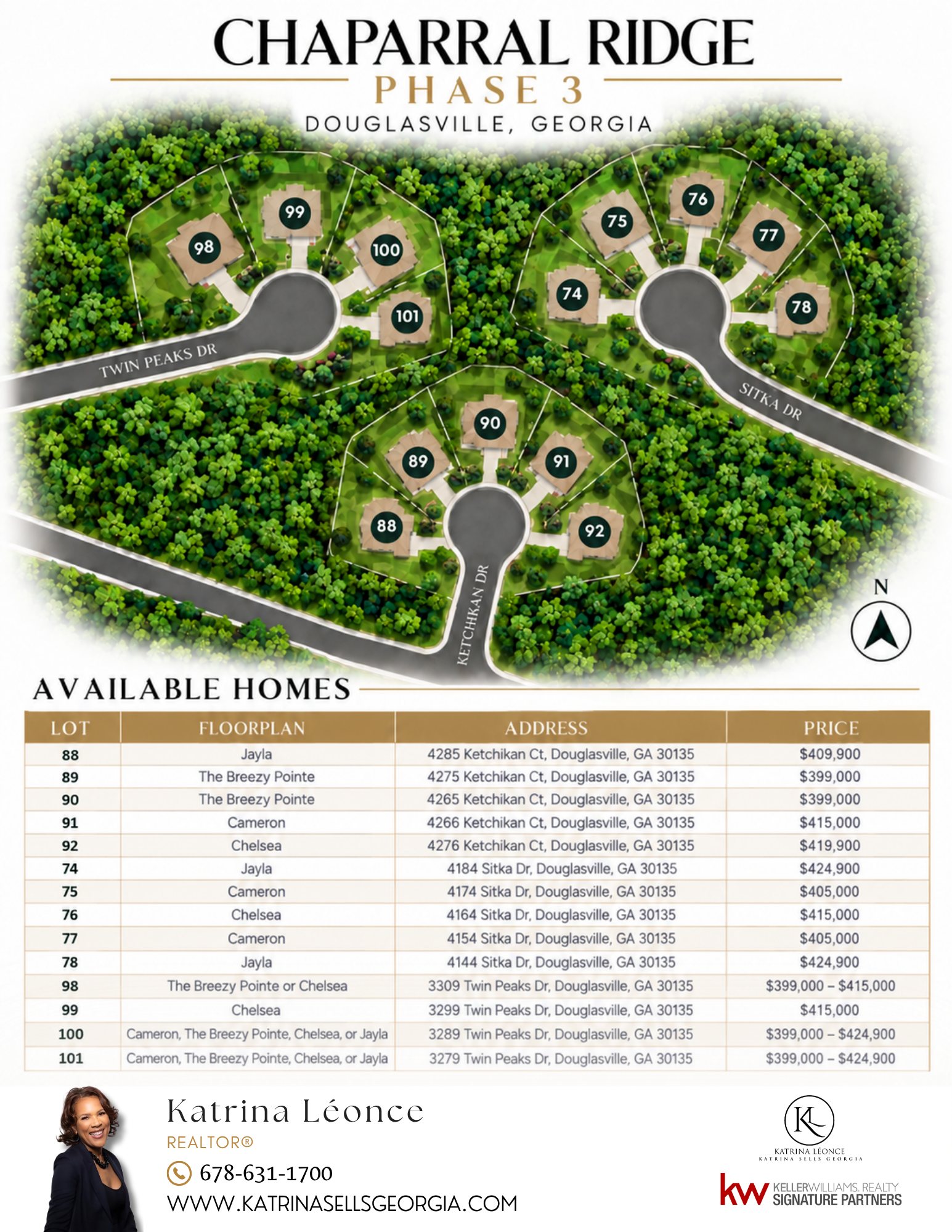 Chaparral Ridge Phase 3 community map with all 14 available homesites and prices